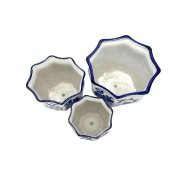 Galt International Blue & White Round Fluted Floral Palm Lotus Porcelain Ceramic Plant Flower Planter Pot Set of 3 (7.5", 10", 13") Garden Pots Chinese Asian Design