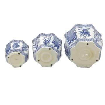 Galt International Blue & White Round Fluted Floral Palm Lotus Porcelain Ceramic Plant Flower Planter Pot Set of 3 (7.5", 10", 13") Garden Pots Chinese Asian Design