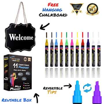 Mila 11 Multicolored Liquid Chalk Markers | Includes Mini Chalkboard, 16 Labels & 2 Stencils | Erasable, Non-Toxic, Water-Based | 6 mm Reversible Tip | On Glass, Blackboards & More | For Kids & Adults