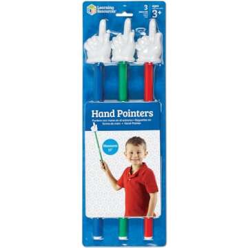 Learning Resources Hand Pointers, Set of 3, Ages 3+, Assorted Colors, Classroom Participation, Homeschool Supplies, Classroom Supplies, Gifts for Teachers,Back to School Supplies,Teacher Supplies