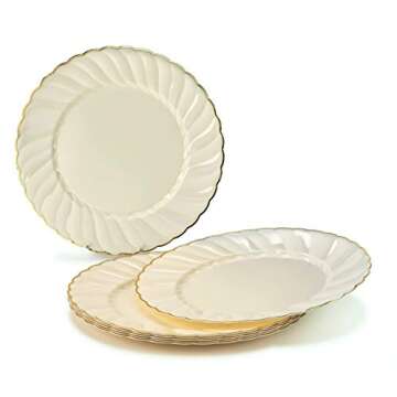 " OCCASIONS " 50 Plates Pack (25 Guests)-Vintage Wedding Party Disposable Plastic Plate Set -25 x 10.25'' Dinner + 25 x 7.5'' Salad/dessert plates (Blossom Ivory & Gold)