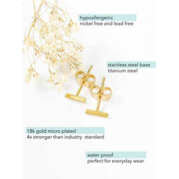 Altitude Boutique 18K Gold Plated Skinny Wire Midi Balance Bar Stud Earrings Hypoallergenic Long Bar Earrings in Gold, Rose Gold, or Silver | Delicate Jewelry (Gold, 6mm)