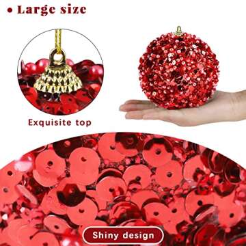 MCEAST 8 Pieces 4 Inches Christmas Ball Ornaments Sequin Glitter Ball Decorative Xmas Baubles Set ​Festive Hanging Ornaments for Xmas Tree House Holiday Wedding Party Decoration, Red