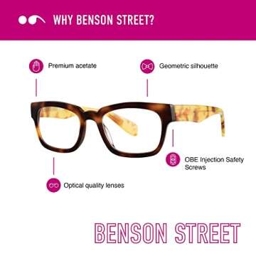 Scojo New York Benson Street Reading Glasses, Handmade Scratch Resistant Readers for Women and Men, Bourbon Tortoise - 2.25x