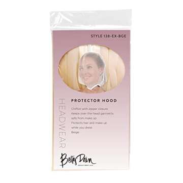 Betty Dain Makeup Protector Hood, Protects Hair and Make Up While Getting Dressed, Nylon Chiffon, Light and Airy, Triple Protection, Zipper closure, Machine Washable, Beige