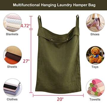 GyiHoong Linen Hanging Laundry Bag, 100% Linen Over The Door Laundry Hamper with Buttons and Zipper, Space Saving Door Hampers for Laundry Dirty Clothes Home Travel, Green