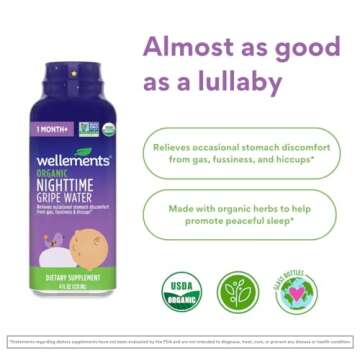 Wellements Organic Nighttime Gripe Water | Bedtime Relief for Baby Gas, Colic & Fussiness | Sleepy Time Herbs Promote a Peaceful Night’s Sleep | USDA Certified Organic & Non GMO | 1 Month +, 4 Fl Oz.