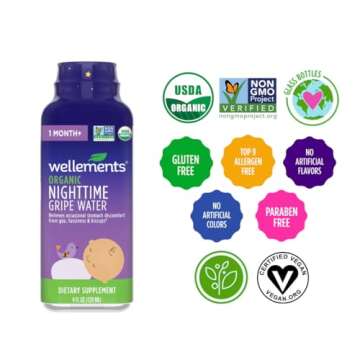 Wellements Organic Nighttime Gripe Water | Bedtime Relief for Baby Gas, Colic & Fussiness | Sleepy Time Herbs Promote a Peaceful Night’s Sleep | USDA Certified Organic & Non GMO | 1 Month +, 4 Fl Oz.