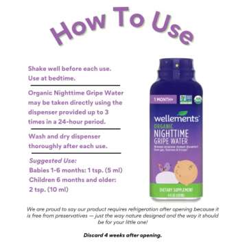 Wellements Organic Nighttime Gripe Water | Bedtime Relief for Baby Gas, Colic & Fussiness | Sleepy Time Herbs Promote a Peaceful Night’s Sleep | USDA Certified Organic & Non GMO | 1 Month +, 4 Fl Oz.