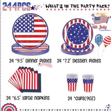 DawnHope 4th of July Decorations Patriotic Party Supplies 244Pcs Paper Plates and Napkins with Tablecloth for Independence Day, Memorial Day Decorations, Veterans Day (Serves 24)