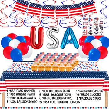 DawnHope 4th of July Decorations Patriotic Party Supplies 244Pcs Paper Plates and Napkins with Tablecloth for Independence Day, Memorial Day Decorations, Veterans Day (Serves 24)