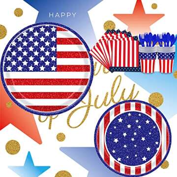 DawnHope 4th of July Decorations Patriotic Party Supplies 244Pcs Paper Plates and Napkins with Tablecloth for Independence Day, Memorial Day Decorations, Veterans Day (Serves 24)