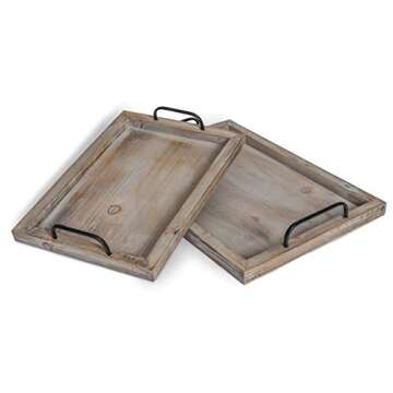 Besti Rustic Vintage Food Serving Trays (Set of 2) | Nesting Wooden Board with Metal Handles | Stylish Farmhouse Decor Serving Platters | Large: 15 x2 x11” - Small: 13 x2 x9” inches (Rustic)