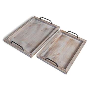 Besti Rustic Vintage Food Serving Trays (Set of 2) | Nesting Wooden Board with Metal Handles | Stylish Farmhouse Decor Serving Platters | Large: 15 x2 x11” - Small: 13 x2 x9” inches (Rustic)