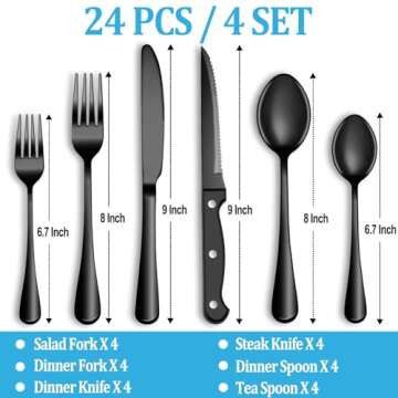 24 Pcs Black Silverware Set with Steak Knives, Stainless Steel Flatware Cutlery Set Service for 4, Kitchen Tableware Set, Utensil Set for Home and Restaurant, Knives Forks Spoon Set, Dishwasher Safe