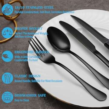 24 Pcs Black Silverware Set with Steak Knives, Stainless Steel Flatware Cutlery Set Service for 4, Kitchen Tableware Set, Utensil Set for Home and Restaurant, Knives Forks Spoon Set, Dishwasher Safe