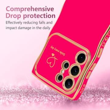 LCHULLE for Samsung Galaxy S24 Ultra Case for Women Girls, Cute Wave Frame Curly Shape with Love Heart Raised Camera Protection Luxury Plating Shockproof Phone Case for Galaxy S24 Ultra 5G, Hot Pink