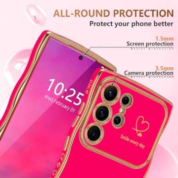 LCHULLE for Samsung Galaxy S24 Ultra Case for Women Girls, Cute Wave Frame Curly Shape with Love Heart Raised Camera Protection Luxury Plating Shockproof Phone Case for Galaxy S24 Ultra 5G, Hot Pink