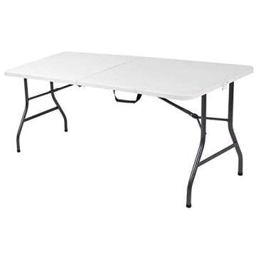 Ontario Furniture 6 Foot Plastic Folding Table - Folds in Half with Carrying Handle Rectangular - Lightweight and Portable - White Resin with Sturdy Steel Frame