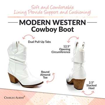 Charles Albert Modern Western Cowboy Boots for Women Ladies Stacked Heel Ankle Cowgirl Boots with Pull-Up Tabs in White Size 7