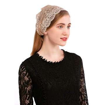 PAMOR Rose Lace Headband Kerchief Tie-style Floral Headwrap Latin Mass Head Covering Church Veil with Bobby Pins (Beige)