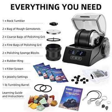 Tryes Rock Tumbler Kit Adults - Rock Polisher Tumbler with Noise Reduction Cover, Speed&Timer Control, Includes 4 Polishing Grits, Rough Gemstones, Learning Guide etc., Great Science Gift for All Ages