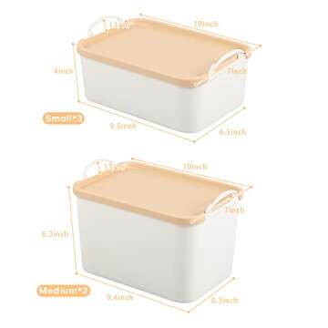 ANMINY 5PCS Plastic Storage Bins Containers with Lids, Large White Storage Organization Bins Boxes, Lidded Plastic Storage Baskets for Closet Shelves Drawers Desktop - 2 Medium 3 Small, Wheat Lids