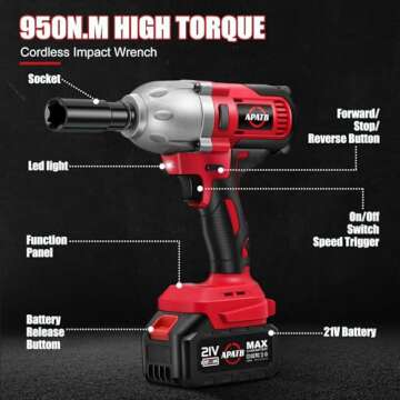 APATB 1/2 inch Impact Wrench, Max Torque 950N.m(700Ft-lbs) Cordless Brushless Impact Wrench, 3300RPM High Torque Electric Impact Gun with 2x 4.0Ah Li-ion Battery, Charger, 3 Extension Bars, 6 Sockets