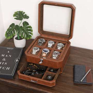 Gift Set 6 Slot Leather Watch Box with Valet Drawer - Luxury Watch Case Display Organizer, Microsuede Liner, Locking Jewelry Box, Mens Storage Boxes Holder Large Glass Top (Tan/Brown Gift Set)