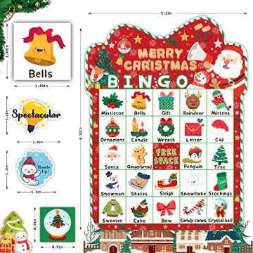 HomSeon 39Pcs Christmas Bingo Game for Kids Adults 24 Players Bingo Cards Christmas Games with Reward Stickers Xmas Activities Family Party Game