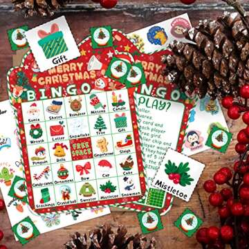 HomSeon 39Pcs Christmas Bingo Game for Kids Adults 24 Players Bingo Cards Christmas Games with Reward Stickers Xmas Activities Family Party Game