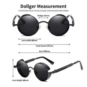 Dollger Retro Steampunk Sunglasses for Men Vintage Goth Black Round Metal Frame Sunglasses