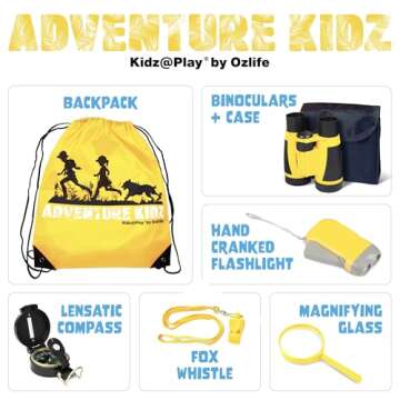 Adventure Kidz - Outdoor Exploration Kit, Children’s Toy Binoculars with Case, Flashlight, Compass, Whistle, Magnifying Glass, Backpack. Great Gift Set for Camping, Hiking, STEM, Pretend Play.