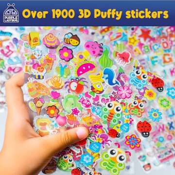 PURPLE LADYBUG 1900 Small Puffy Stickers for Kids Ages 4-8 - 80 Assorted Foam Sticker Sheets - Fun 3D Stickers for Kids, Road Trip Activities for Kids Travel Essentials, Travel Toys for Toddlers 4-8