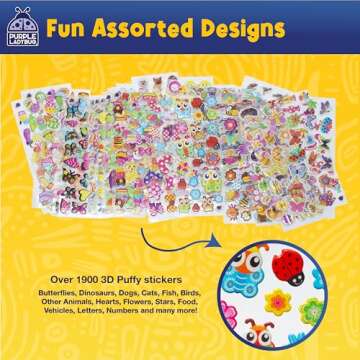 PURPLE LADYBUG 1900 Small Puffy Stickers for Kids Ages 4-8 - 80 Assorted Foam Sticker Sheets - Fun 3D Stickers for Kids, Road Trip Activities for Kids Travel Essentials, Travel Toys for Toddlers 4-8