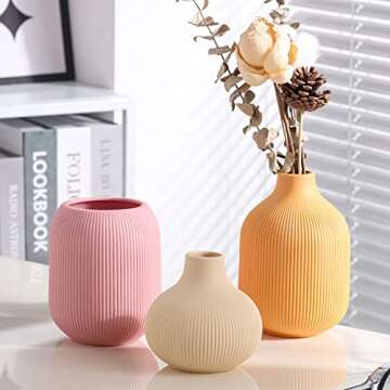 Ceramic Vase for Decor,Small Boho Vases Set for Home Decor,Modern Minimalist Farmhouse Decor,Decorative Bud Vases for Shelf Decor,Table, Bookshelf, Mantel and Entryway(Pink+Light Yellow+Orange)