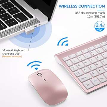 Wireless Keyboard and Mouse Ultra Slim Combo, TopMate 2.4G Silent Compact USB 2400DPI Mouse and Scissor Switch Keyboard Set with Cover, 2 AA & 2 AAA Batteries,for PC/Laptop/Windows/Mac-Rose Gold White