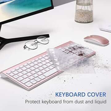 Wireless Keyboard and Mouse Ultra Slim Combo, TopMate 2.4G Silent Compact USB 2400DPI Mouse and Scissor Switch Keyboard Set with Cover, 2 AA & 2 AAA Batteries,for PC/Laptop/Windows/Mac-Rose Gold White