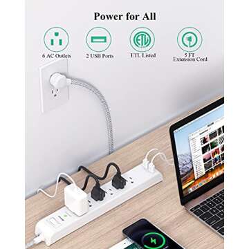 2 Pack Power Strip Surge Protector - 6 Outlets 2 USB Ports 5Ft Long Extension Cords, Flat Plug Overload Protection Outlet Strip, 900 Joules, Wall Mount for Home, Office and Dorm Essential, ETL Listed