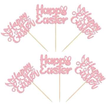 Gyufise Easter Bunny Cupcake Toppers Pink Glitter Easter Cake Toppers Happy Easter Cake Decorations For Easter Theme Spring Birthday Babyshower Party Decorations 24Pcs