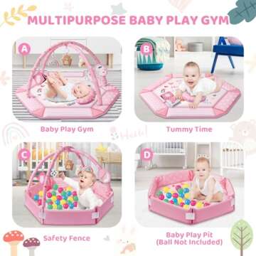 Baby Gym Play Mat, 8-in-1 Tummy Time Mat & Ball Pit with 6 Toys, Washable Baby Activity Mat for Visual, Hearing, Sensory, Motor Development, Baby Gift for Newborn Infant 0-3-6-9-12 Months (Pink)