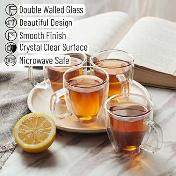 BTaT- Double Wall Glass Cups, Set of 4 (8 oz, 240 ml), Tea Cups, Glass Coffee Mugs, Cappuccino Cups, Latte Cups, Latte Mug, Clear Coffee Cup, Espresso Glass, Glass Tea Cups, Glass Coffee Cups