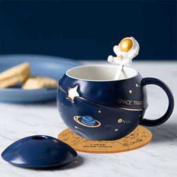 Yalucky Kawaii Astronaut Cup Space Embossed Planet Mug, Cute Ceramic Coffee Mug, Novelty Mug with Lid and Spoon for Coffee, Tea, Milk, Aesthetic Room Decor Funny Gift for Girl Boy Women (Dark blue)