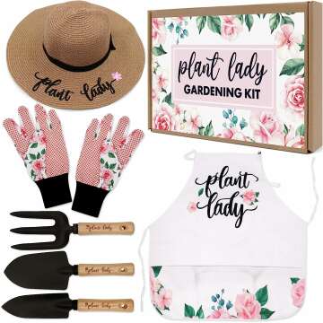 Percozzi Plant Lady Gardening Gifts for Women Gardening Tools Kit with Planting Tools Straw Hat Floral Apron Glove Birthday Gift for Her Mom Grandmother Spring Outdoor Horticulture Starter Set of 6