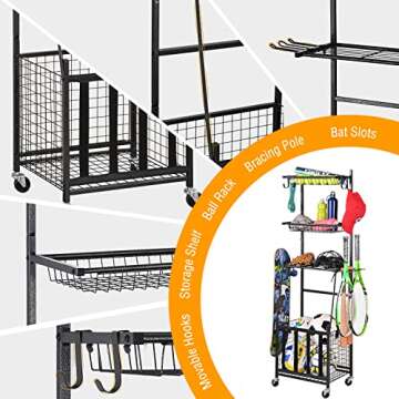 PLKOW Sports Equipment Storage for Garage, Indoor Outdoor Sports Rack for Garage, Ball Storage Garage Organizer with Basket and Hooks,Toy Sports Gear Storage