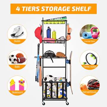 PLKOW Sports Equipment Storage for Garage, Indoor Outdoor Sports Rack for Garage, Ball Storage Garage Organizer with Basket and Hooks,Toy Sports Gear Storage