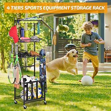 PLKOW Sports Equipment Storage for Garage, Indoor Outdoor Sports Rack for Garage, Ball Storage Garage Organizer with Basket and Hooks,Toy Sports Gear Storage