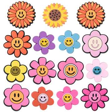 15 Pieces Smile Face Shoe Charms Kids Boys Girls Colorful Flower Shoes Accessories for Party Favor FC15-5