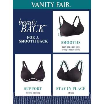 Vanity Fair Womens Full Figure Beauty Back Smoothing Bra, 4-way Stretch Fabric, Lightly Lined Cups Up To H Bra, Wirefree - Black, 40C US