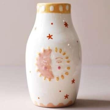 MOUGIGI Unique Ceramic Vase, Cute Boho Decor, Small Cream Vase for Dried Flowers or Single Bud - Sun and Moon Face Design